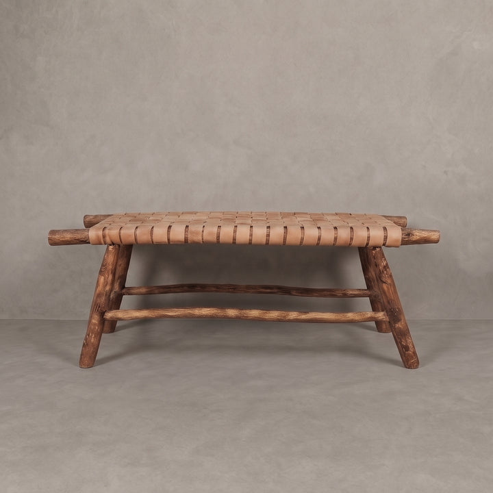 Handcrafted Moroccan Woven Tan Leather Bench