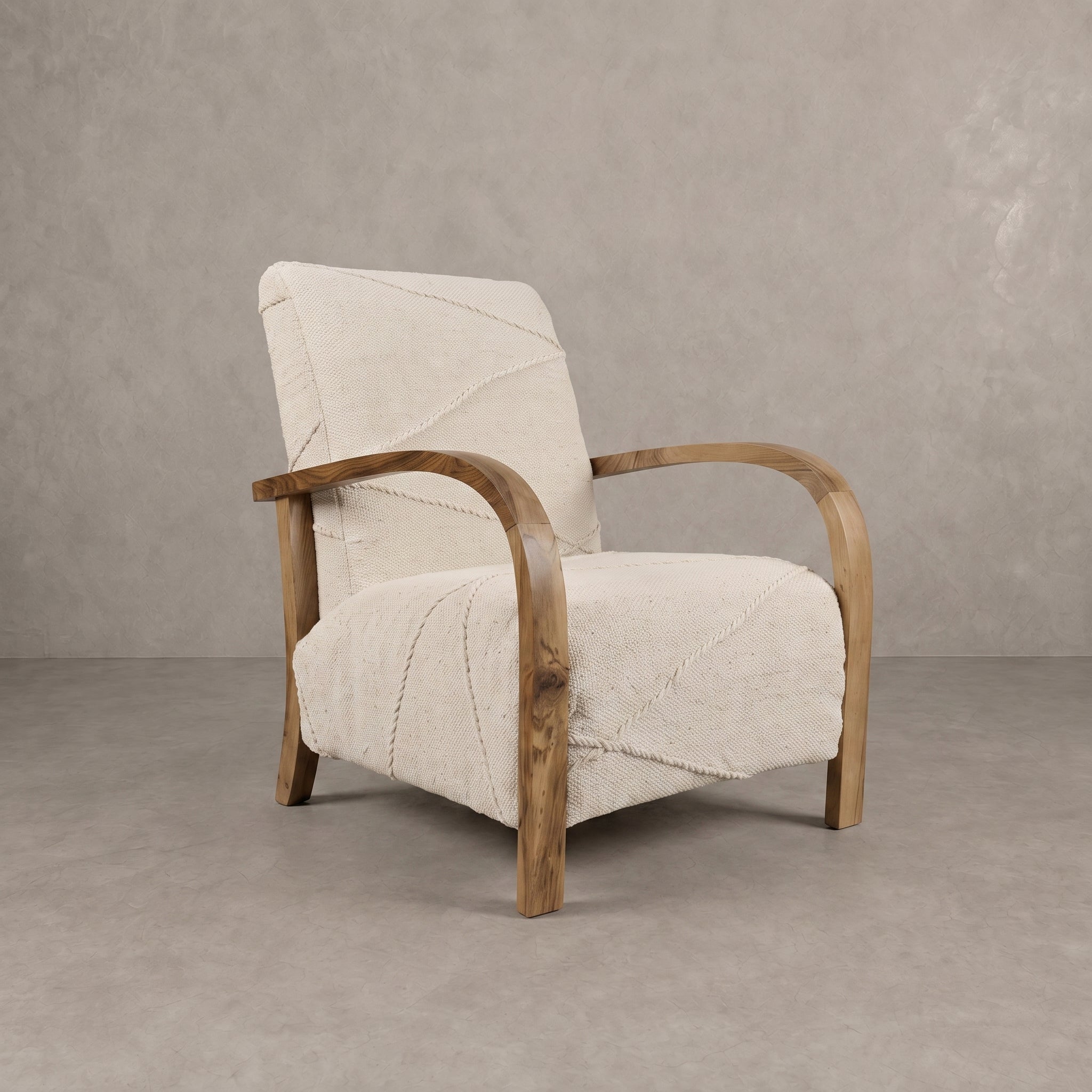 Handcrafted Moroccan Cream Wool Walnut Armchair