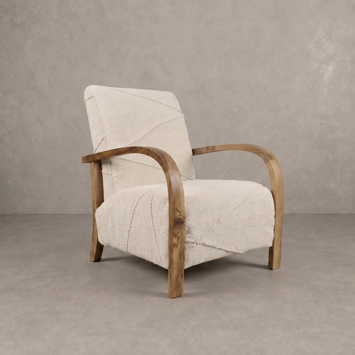 Handcrafted Moroccan Cream Wool Walnut Armchair