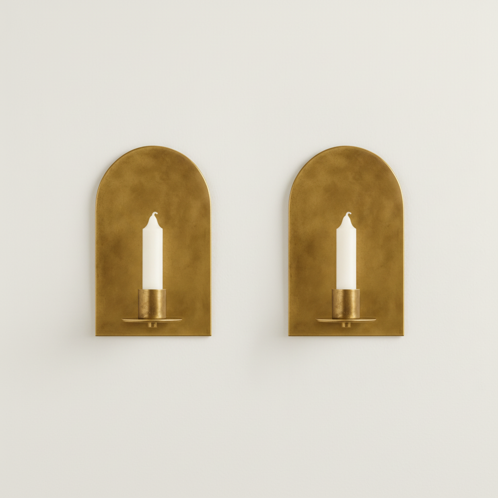 Set of 2 Arched Brass Candle Wall Sconces, Minimalist Candle Holders for Home