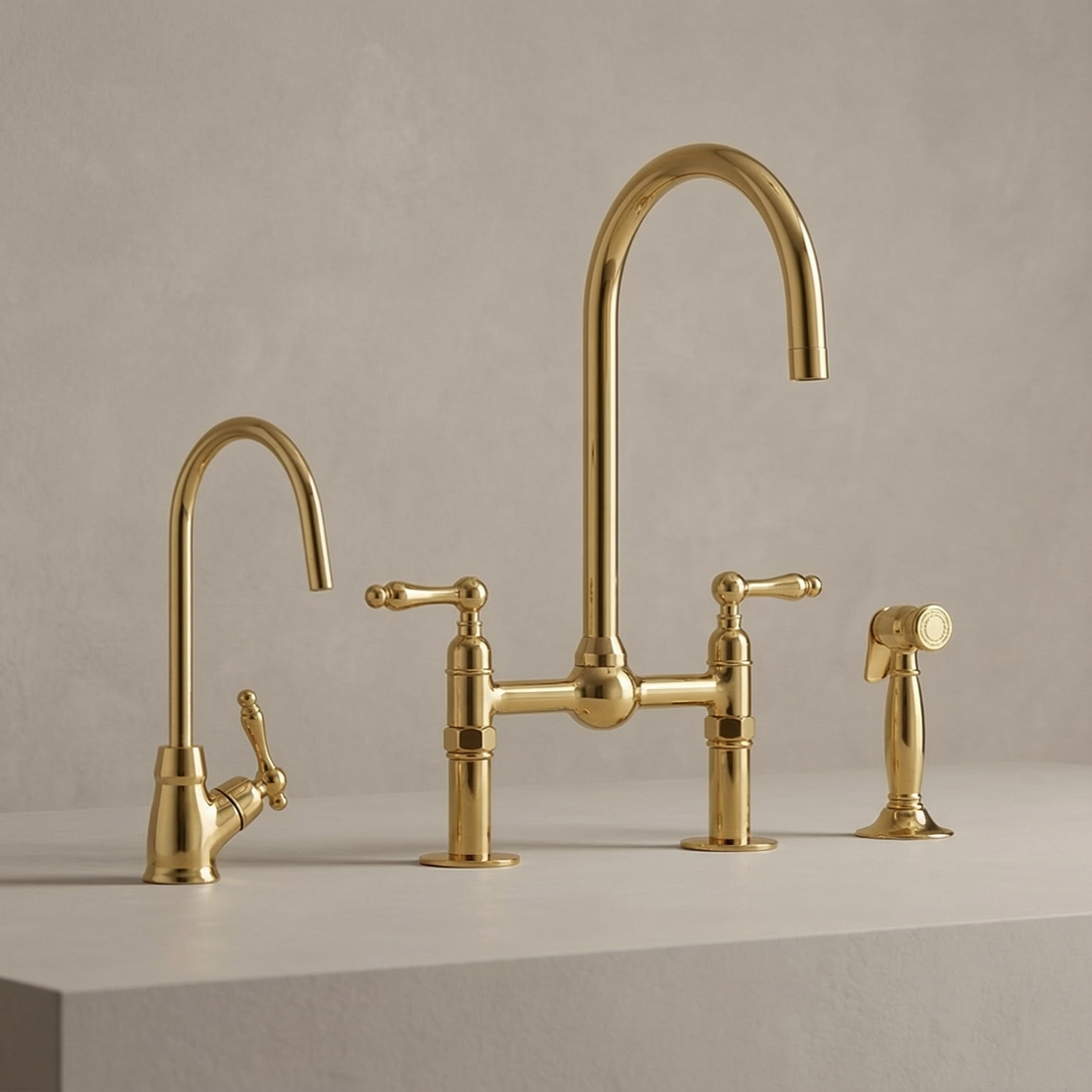 Unlacquered Brass Bridge Kitchen Faucet, Gooseneck Spout, Side Sprayer