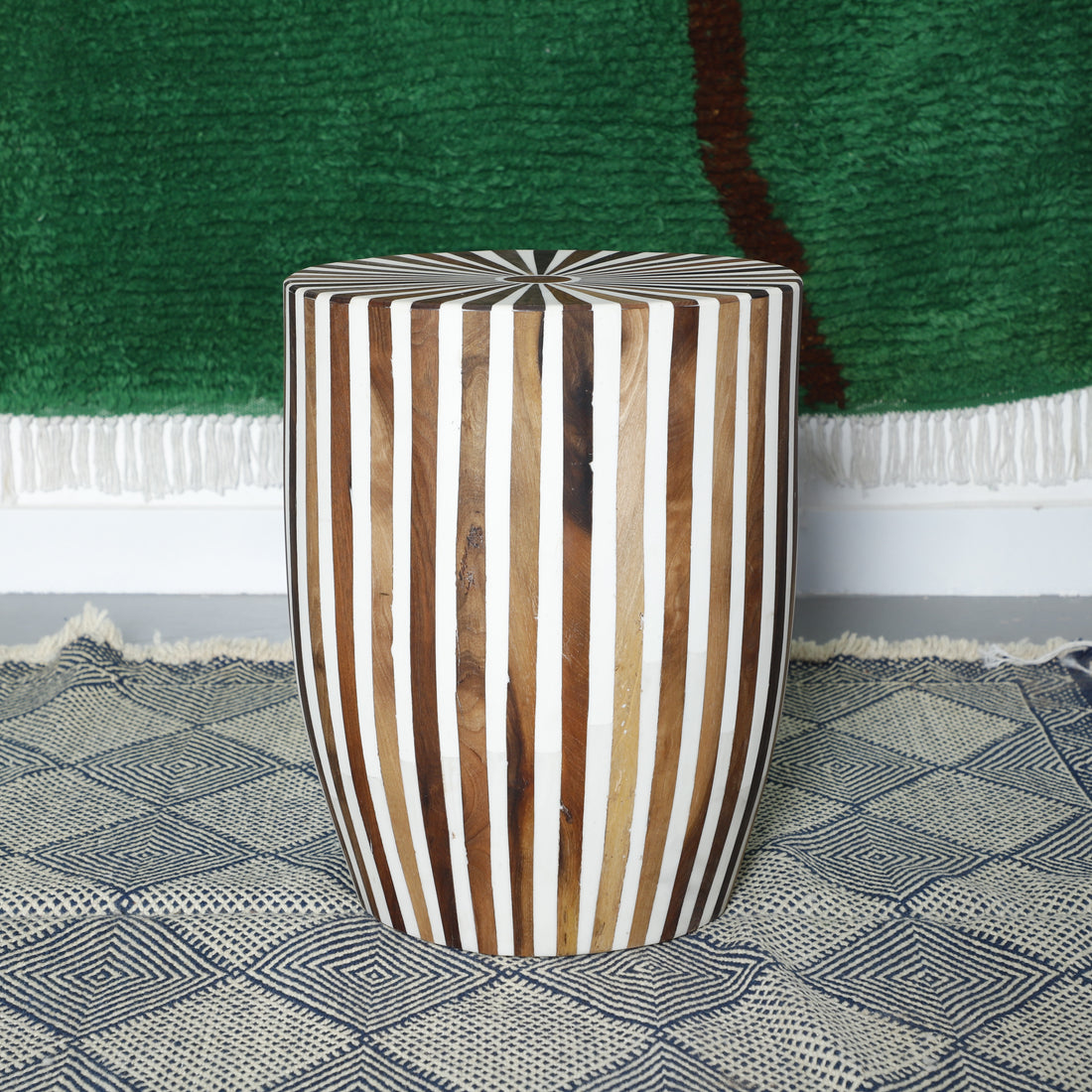 Handcrafted Geometric Striped Wooden Side Table