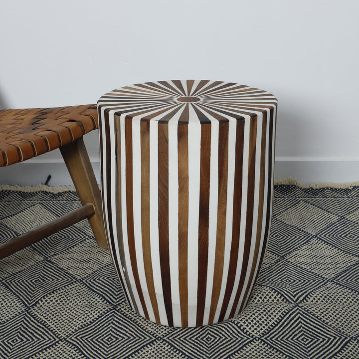 Handcrafted Geometric Striped Wooden Side Table