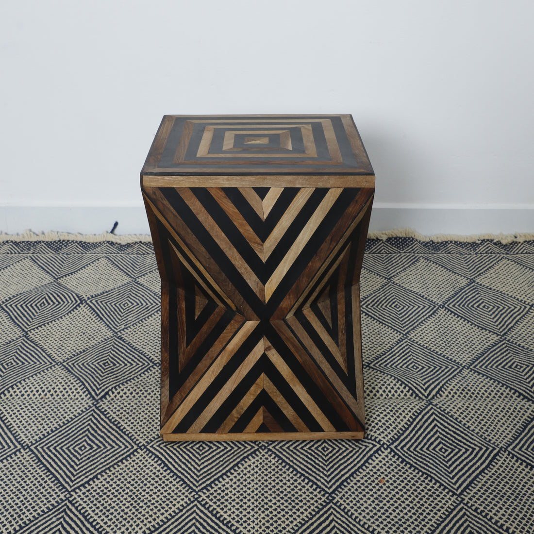 Handcrafted Geometric Wooden Accent Table – Bold Diamond Pattern Design