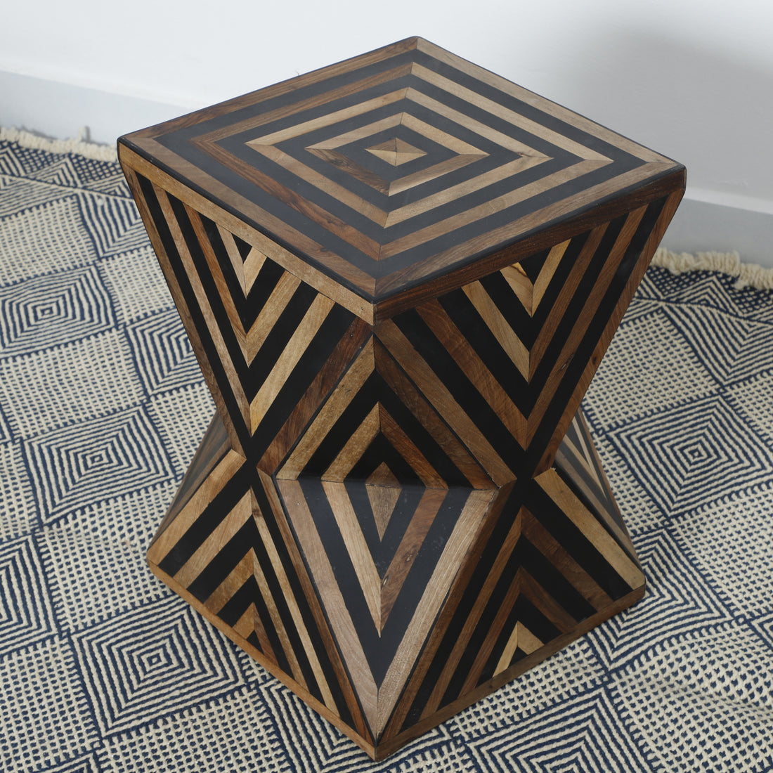 Handcrafted Geometric Wooden Accent Table – Bold Diamond Pattern Design