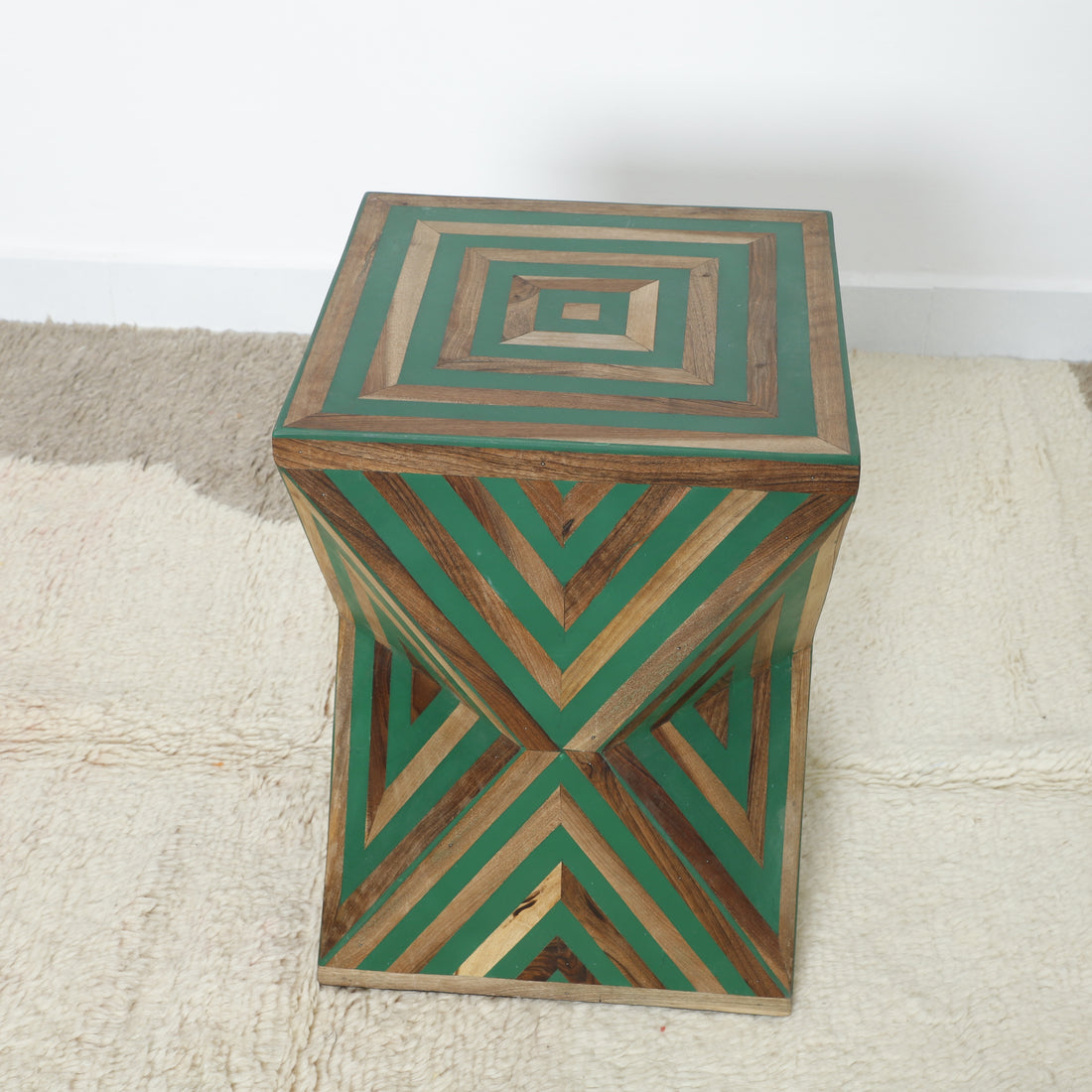 Handcrafted Green Geometric Wooden Accent Table – Diamond Design