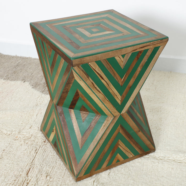 Handcrafted Green Geometric Wooden Accent Table – Diamond Design