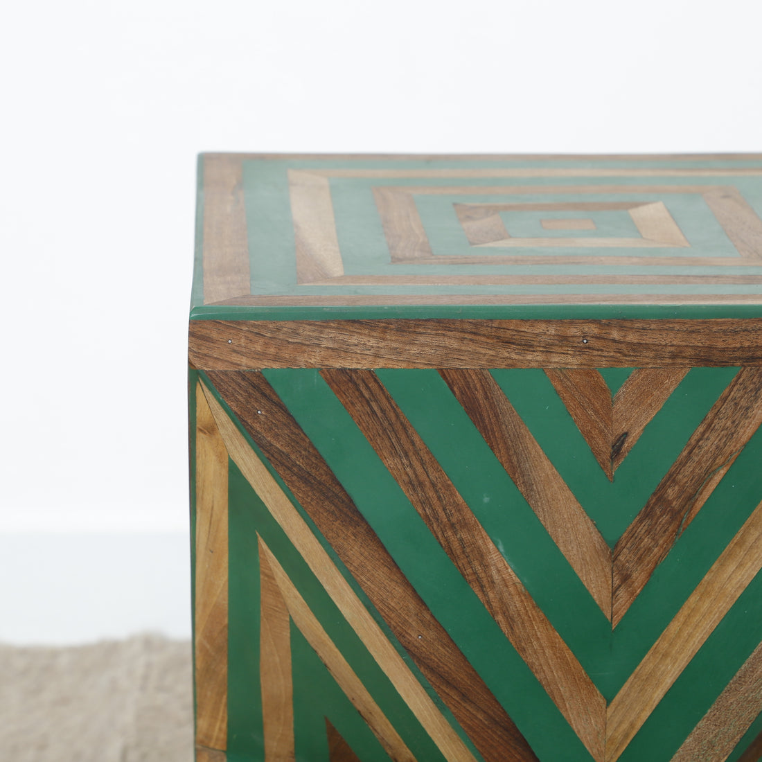 Handcrafted Green Geometric Wooden Accent Table – Diamond Design