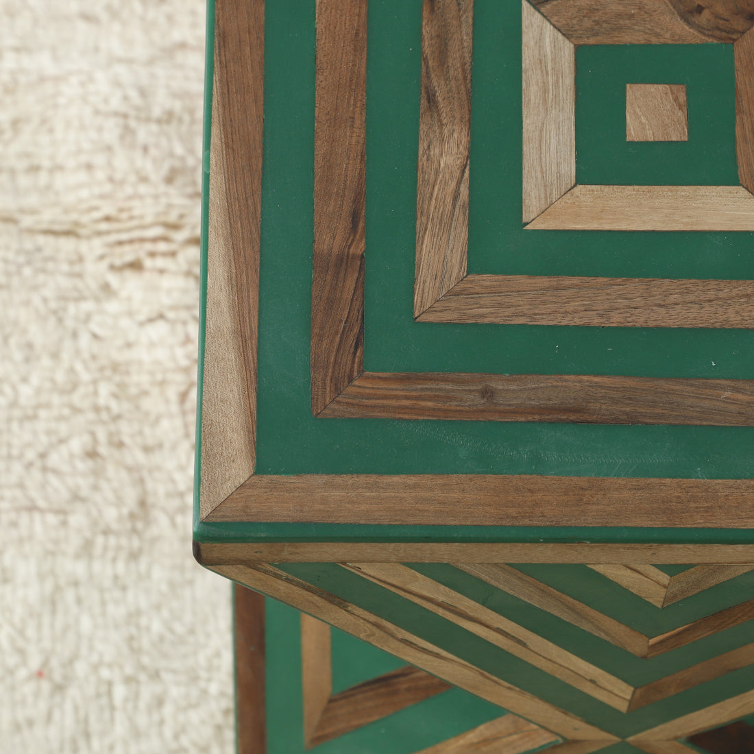 Handcrafted Green Geometric Wooden Accent Table – Diamond Design