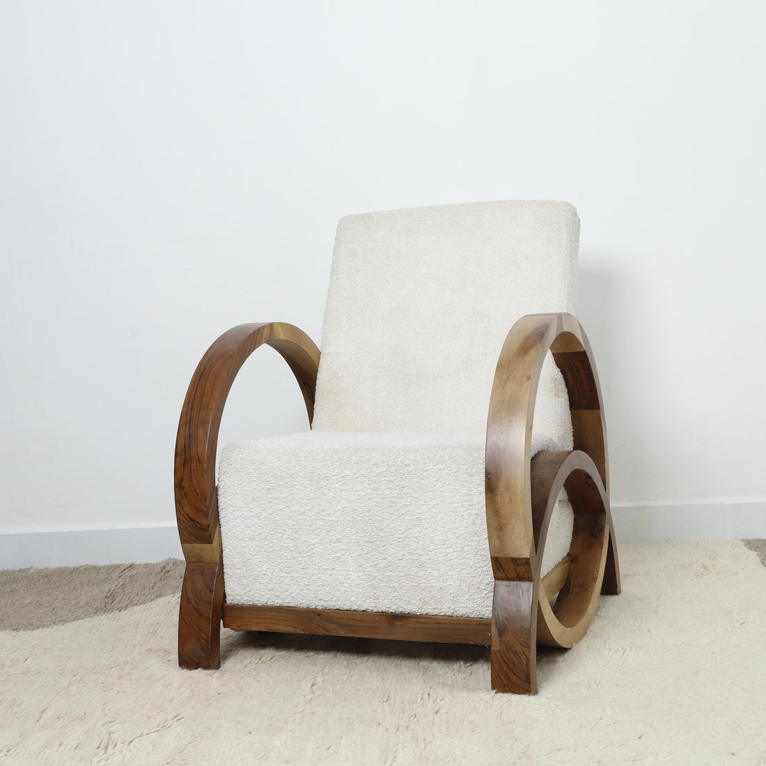 Handmade Bouclé Armchair – Modern Curved Wooden Lounge Chair