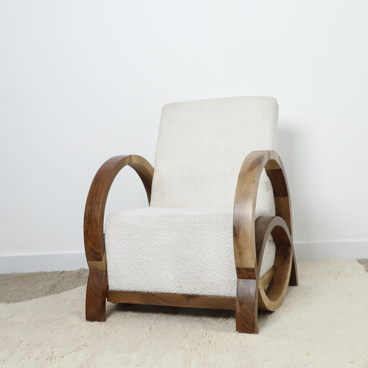 Handmade Bouclé Armchair – Modern Curved Wooden Lounge Chair
