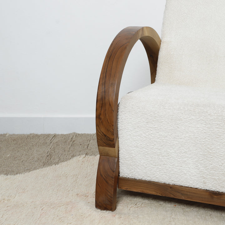 Handmade Bouclé Armchair – Modern Curved Wooden Lounge Chair