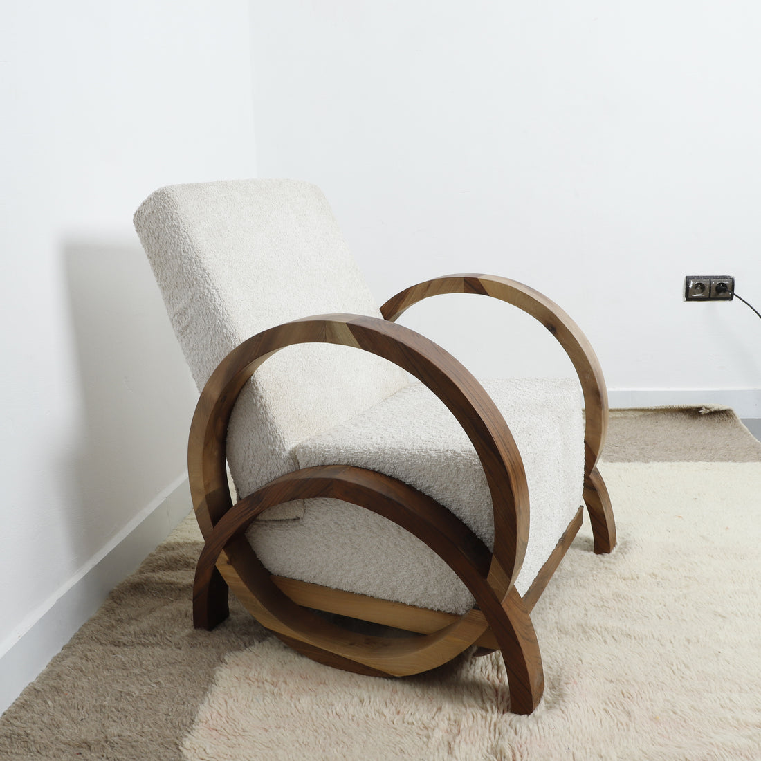 Handmade Bouclé Armchair – Modern Curved Wooden Lounge Chair
