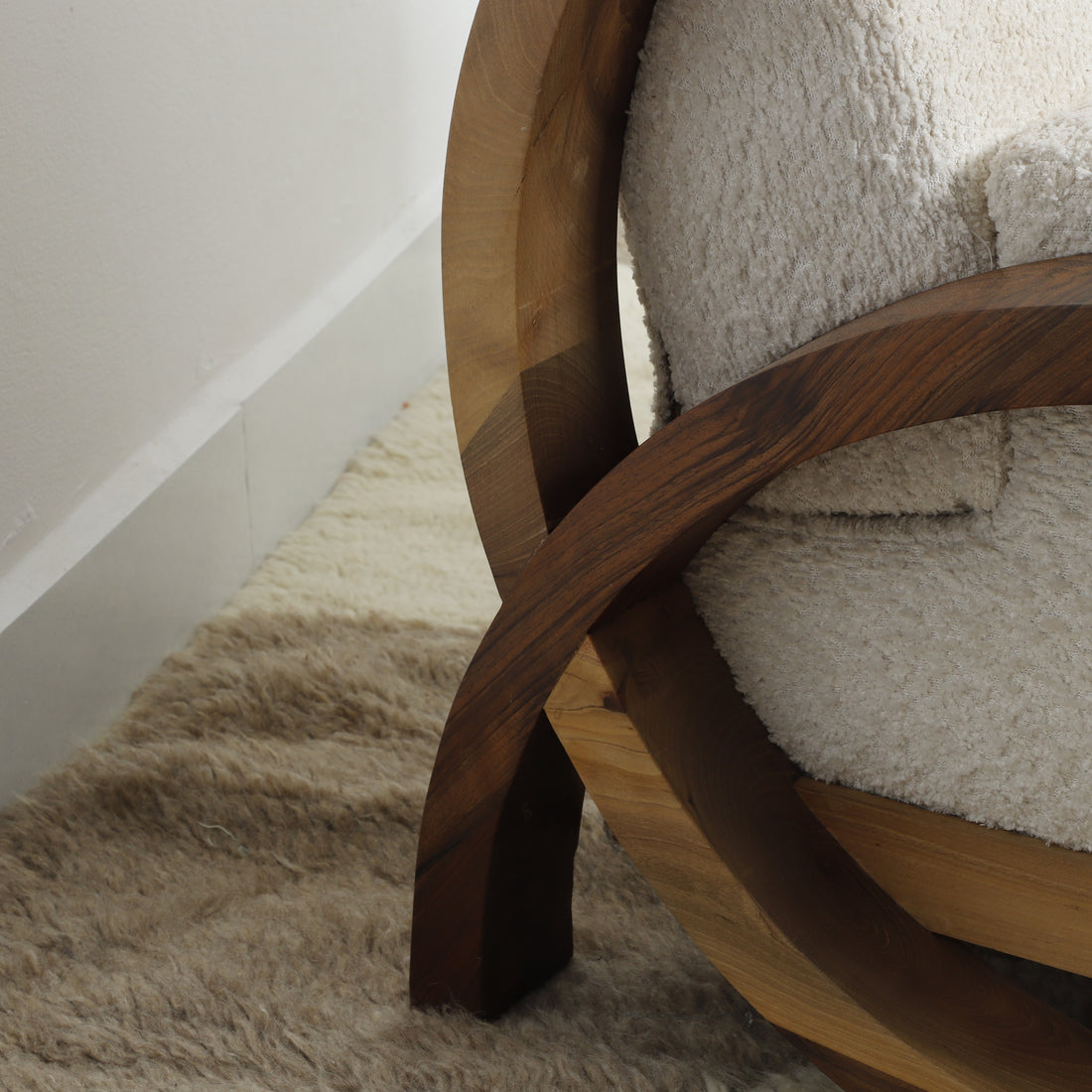 Handmade Bouclé Armchair – Modern Curved Wooden Lounge Chair