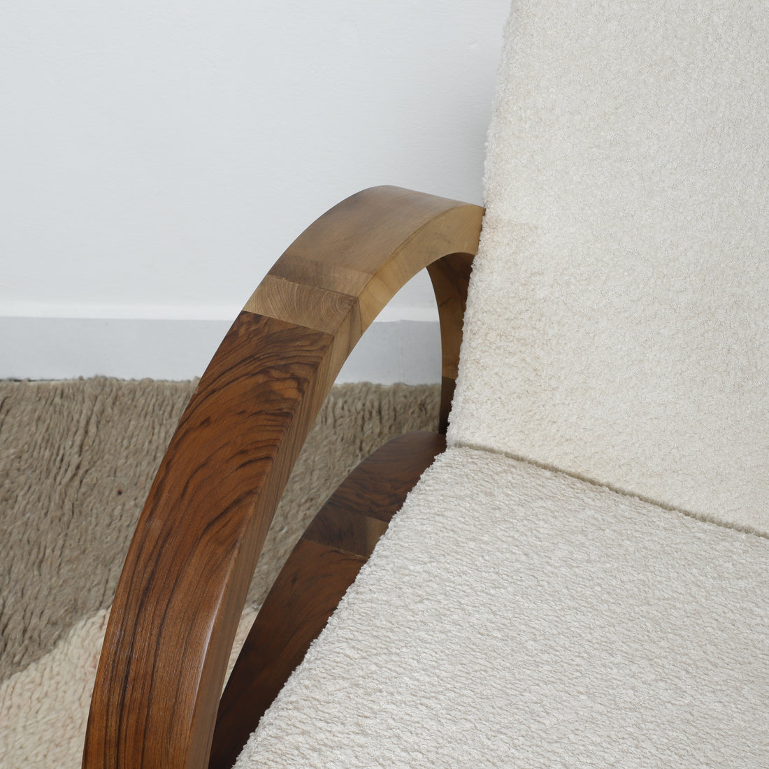 Handmade Bouclé Armchair – Modern Curved Wooden Lounge Chair