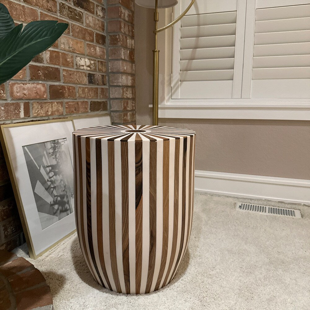 Modern Moroccan walnut side table featuring deep blue epoxy resin river accent