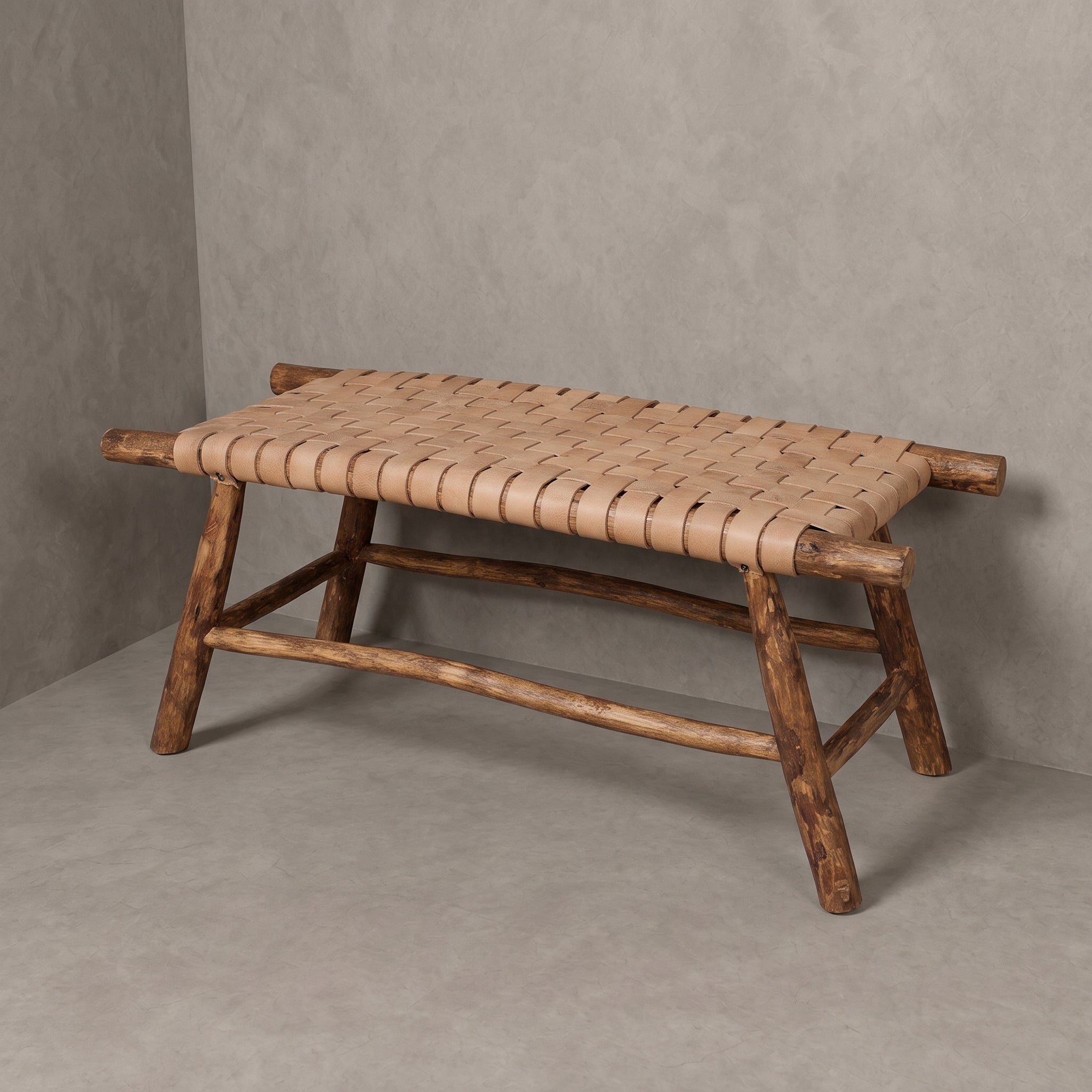 Moroccan Woven Tan Leather Bench