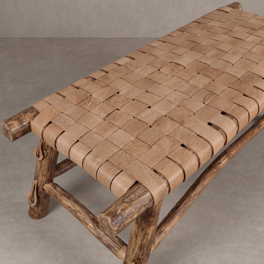 Handcrafted Woven Tan Leather Bench