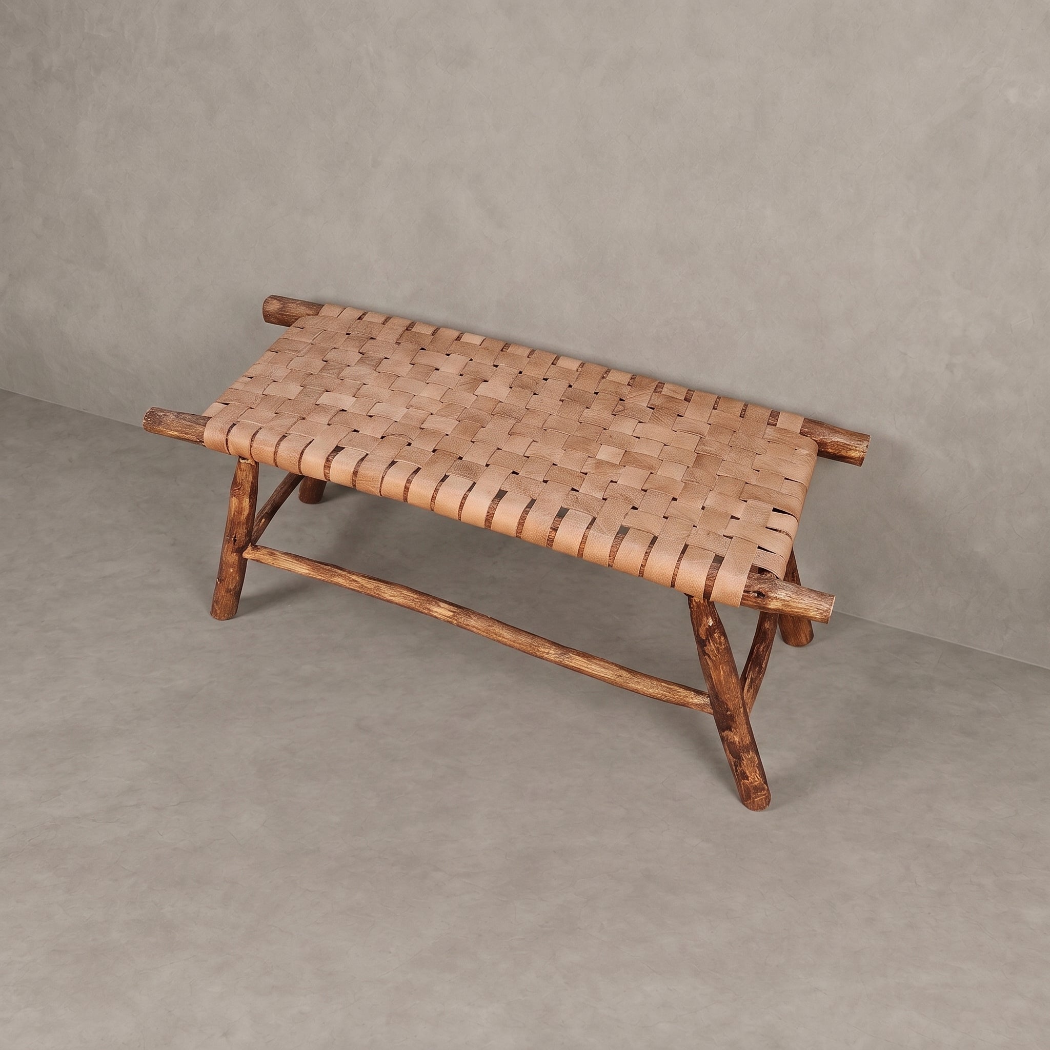  Woven Tan Leather Bench