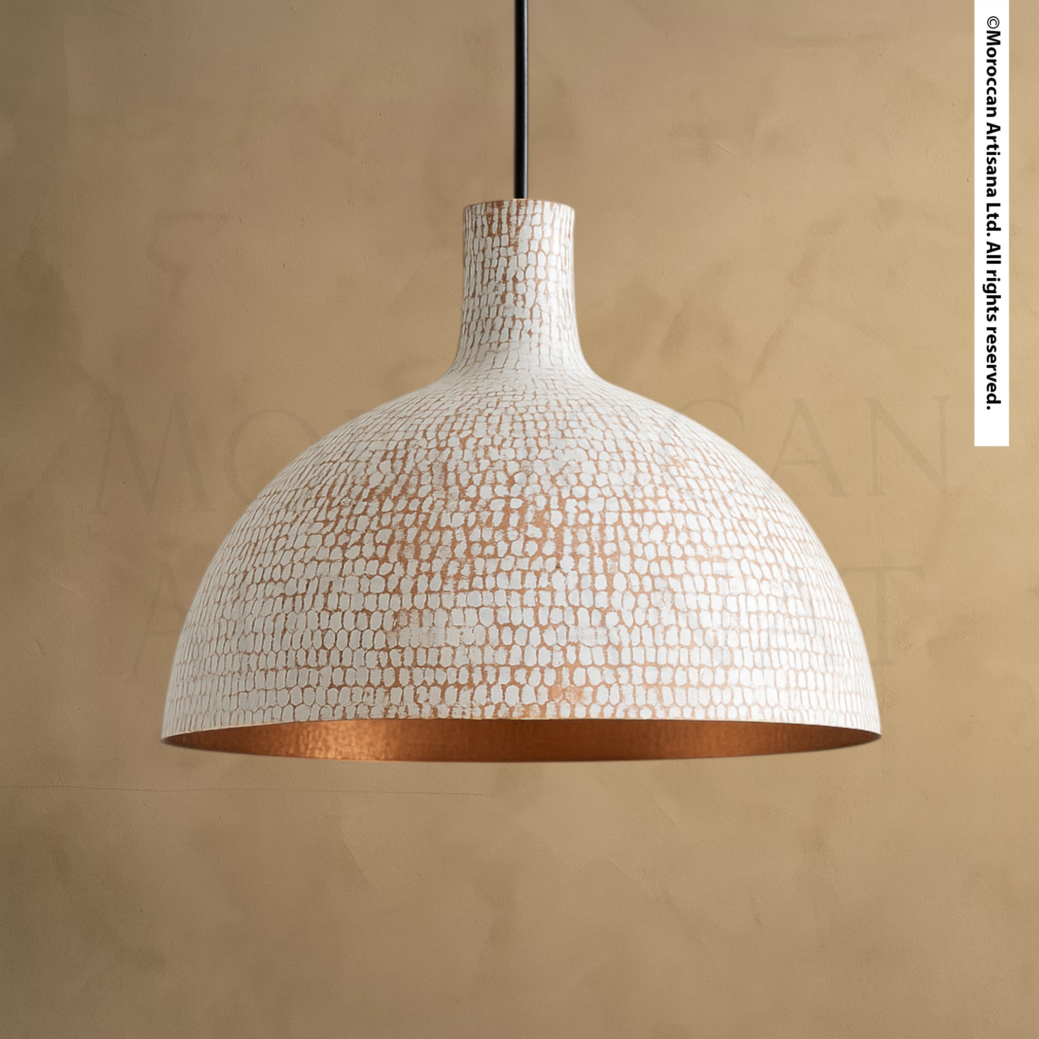 Handcrafted white textured brass pendant light with crackled finish and dome silhouette, Moroccan artisan ceiling lighting with warm copper interior