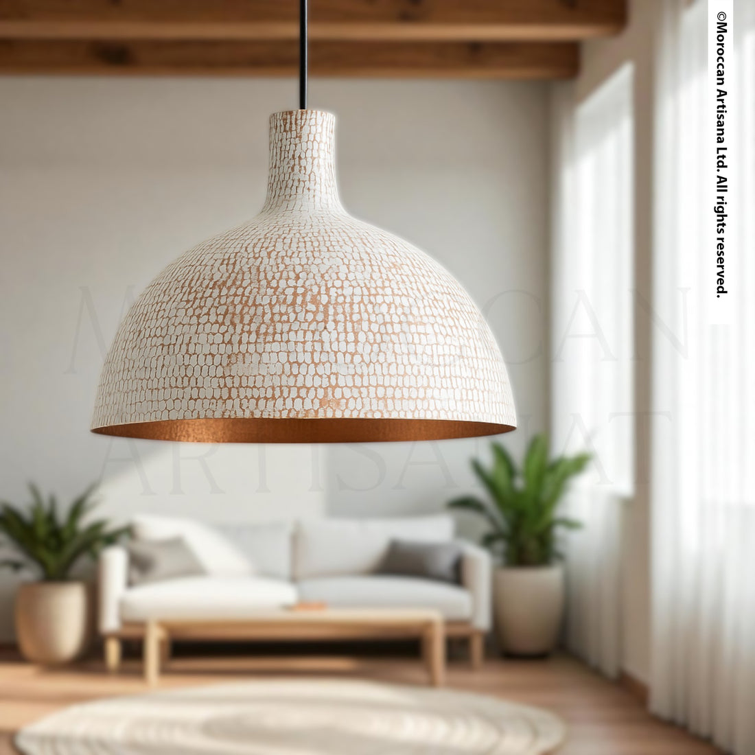 Handcrafted white textured brass pendant light with crackled finish and dome silhouette, Moroccan artisan ceiling lighting with warm copper interior