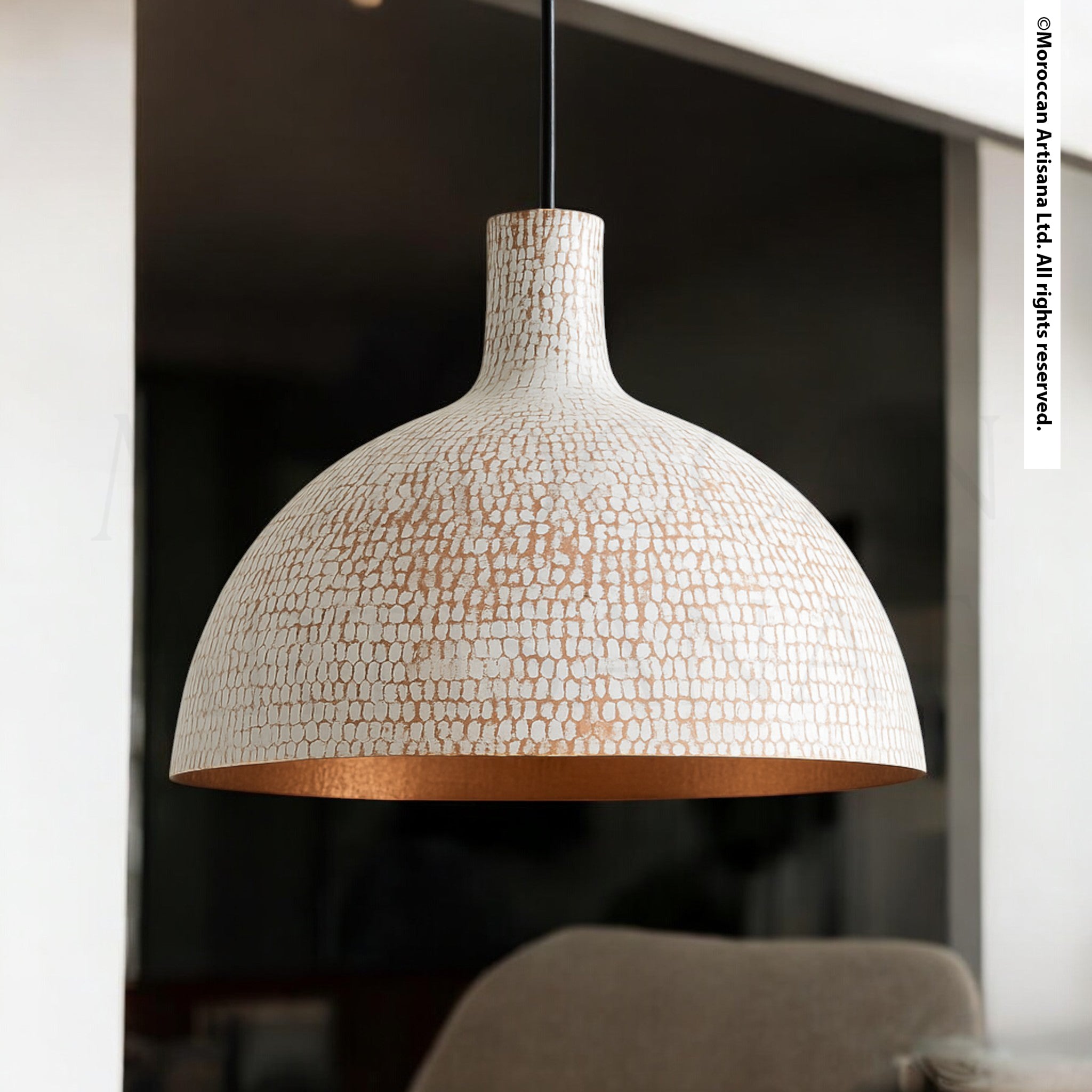 Handcrafted white textured brass pendant light with crackled finish and dome silhouette, Moroccan artisan ceiling lighting with warm copper interior