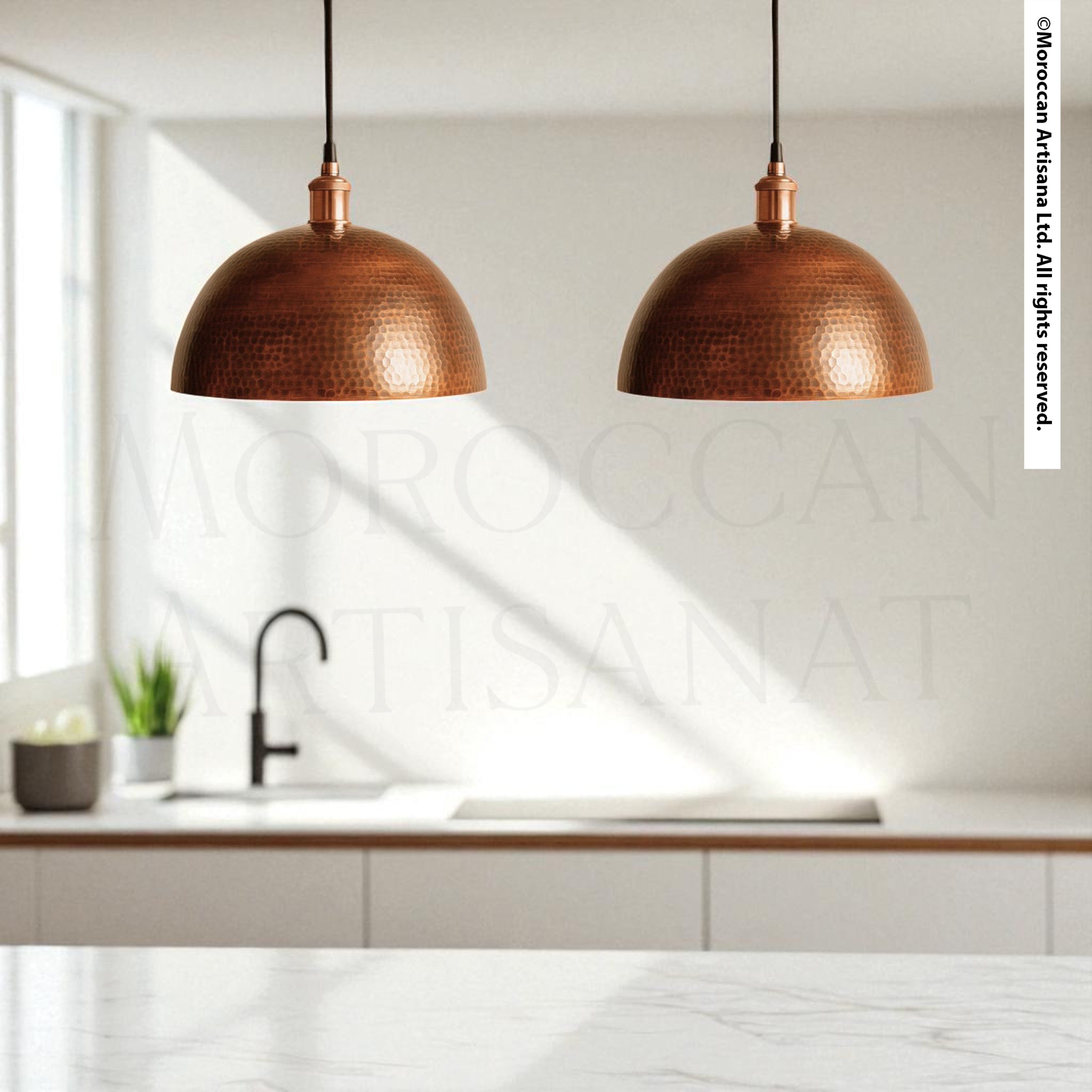 Hand-hammered copper dome pendant light with warm reflective finish, Moroccan artisan ceiling fixture for rustic or modern interiors
