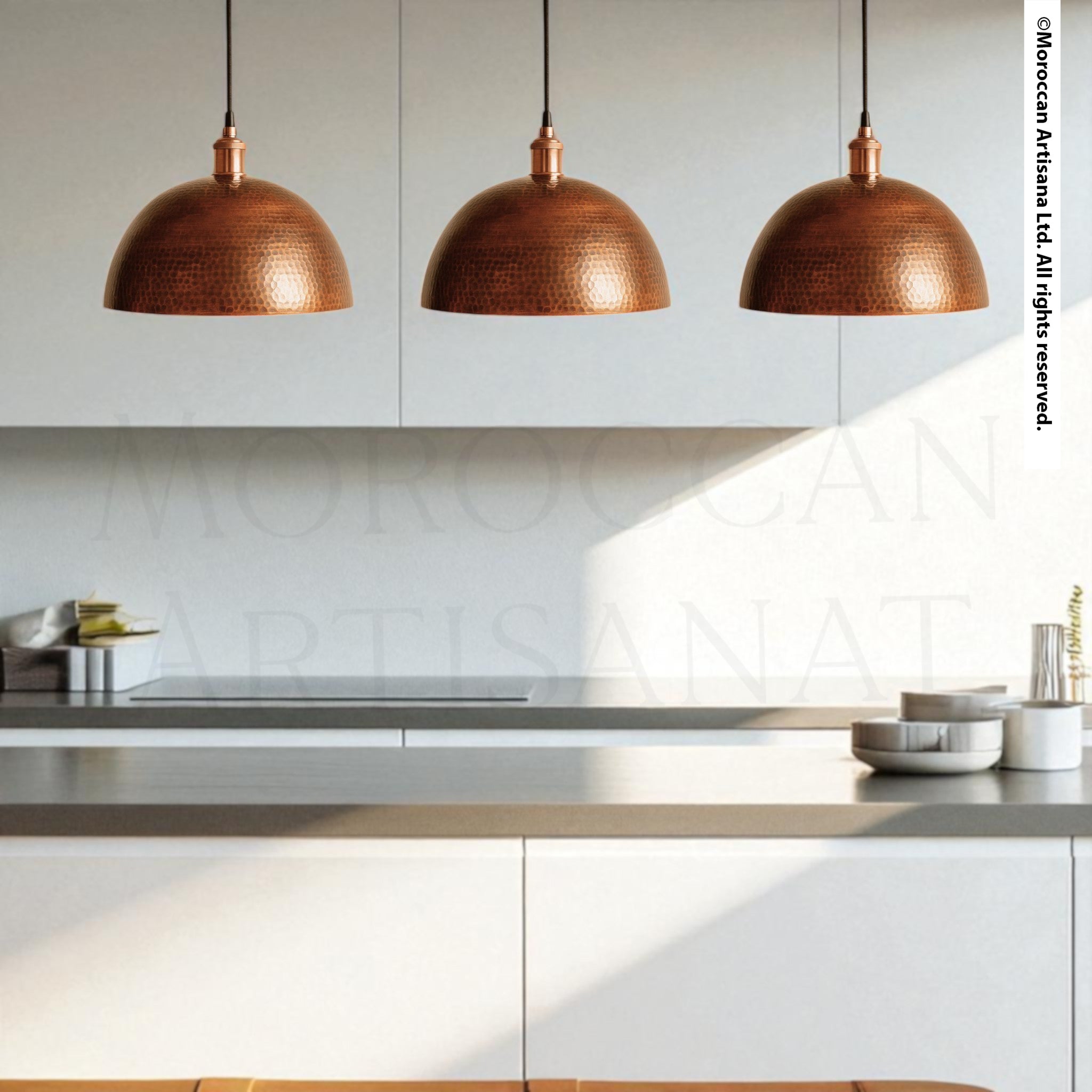 Hand-hammered copper dome pendant light with warm reflective finish, Moroccan artisan ceiling fixture for rustic or modern interiors