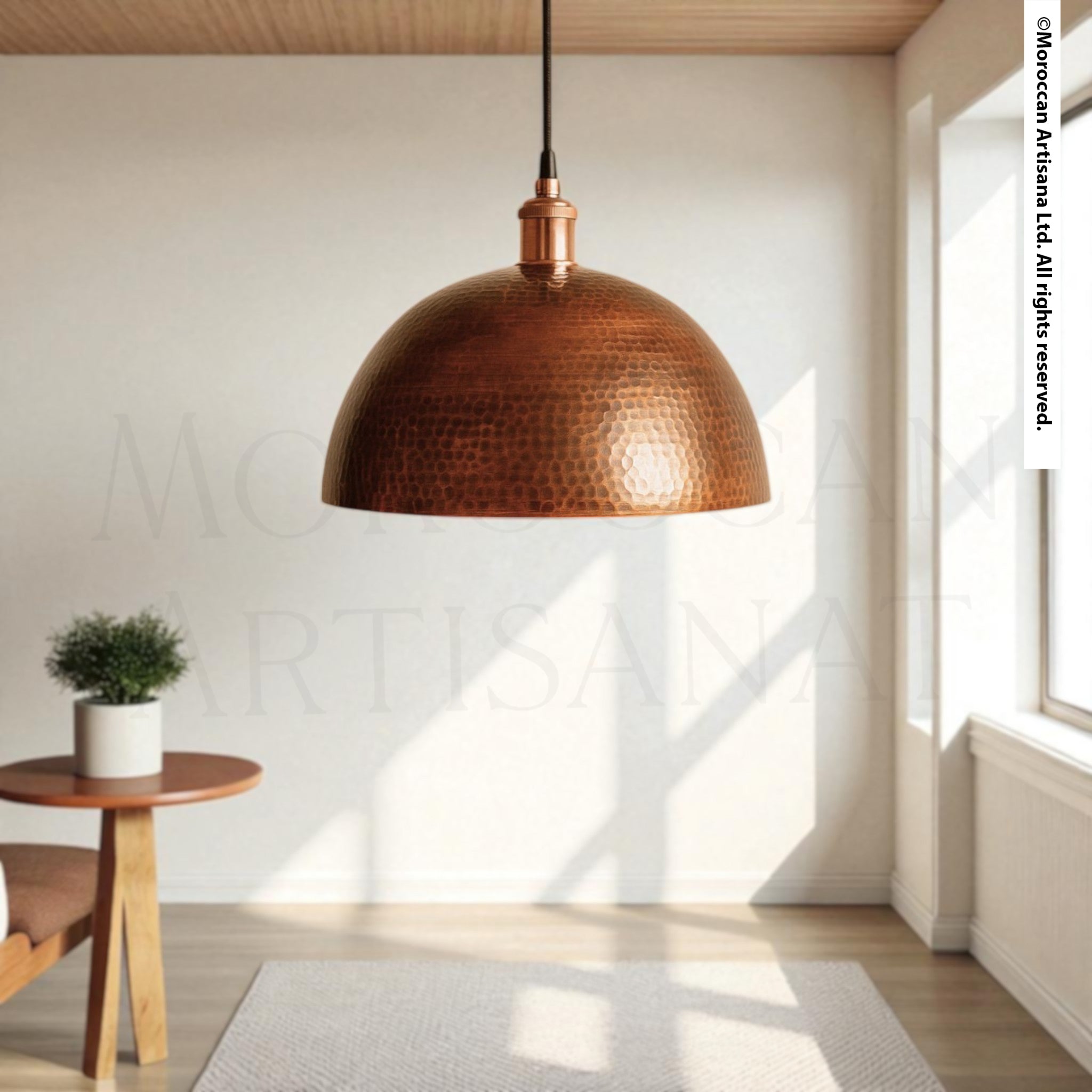 Hand-hammered copper dome pendant light with warm reflective finish, Moroccan artisan ceiling fixture for rustic or modern interiors
