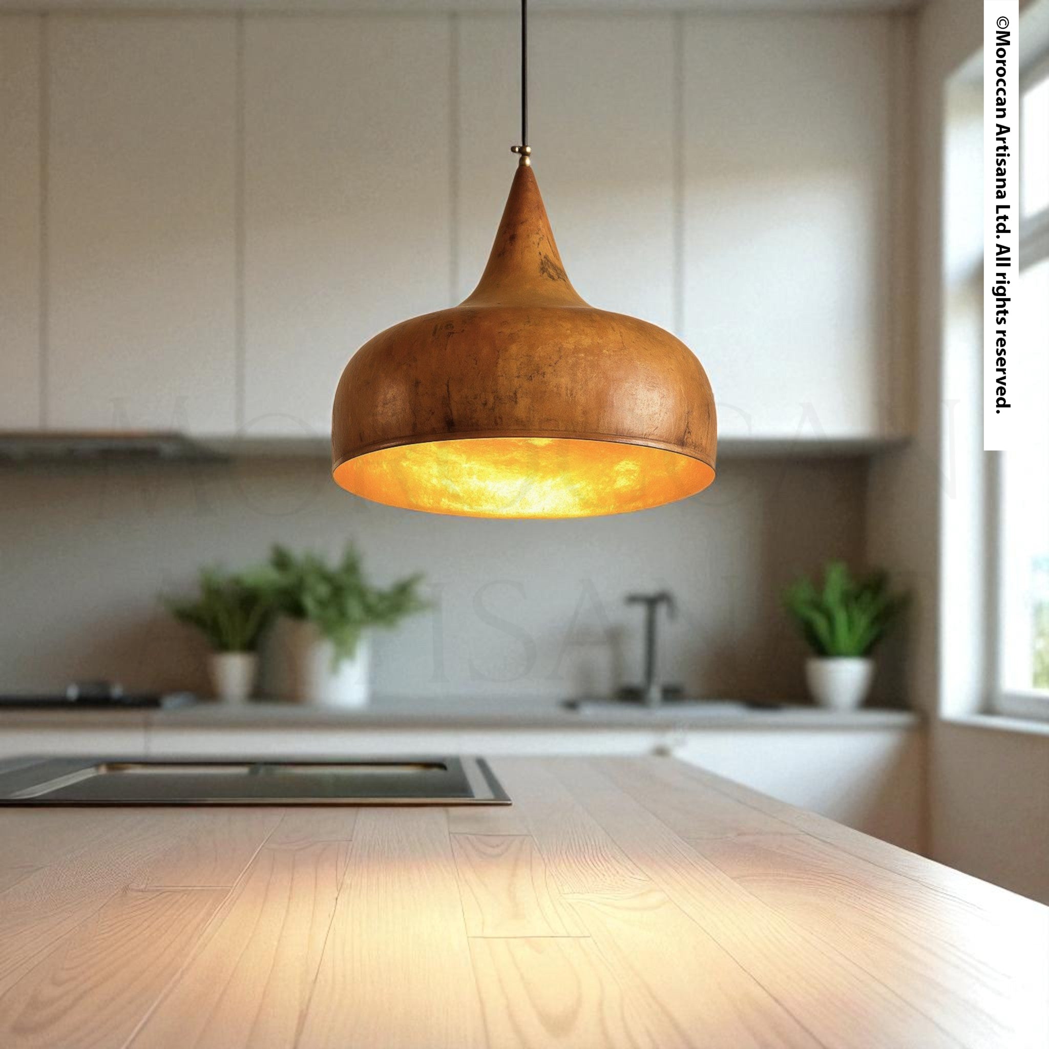 Handcrafted rustic brass pendant light with warm patina finish and tapered dome design, Moroccan artisan lighting hanging from ceiling