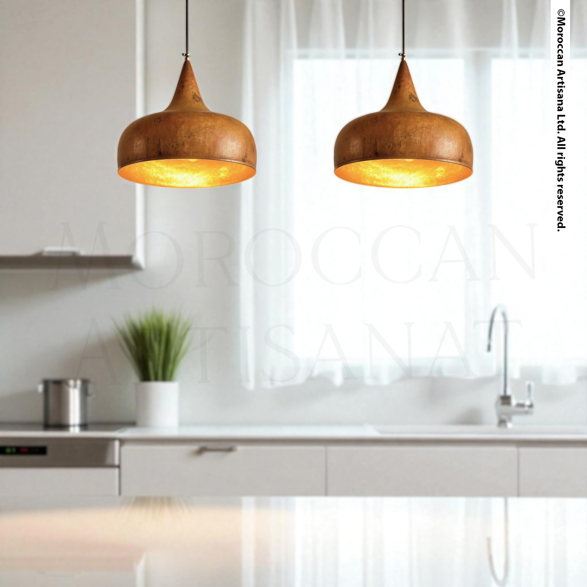 Handcrafted rustic brass pendant light with warm patina finish and tapered dome design, Moroccan artisan lighting hanging from ceiling