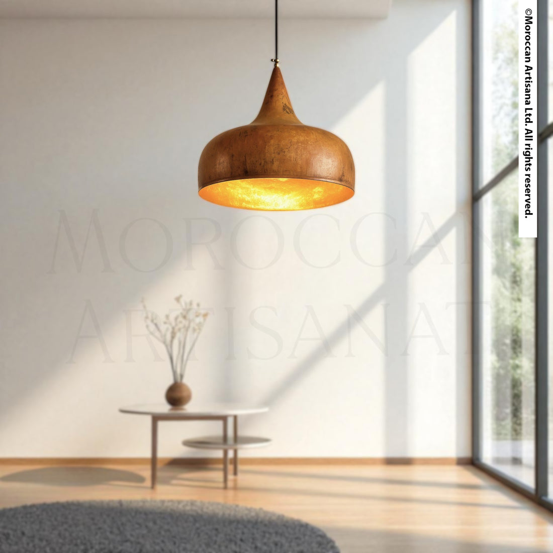 Handcrafted rustic brass pendant light with warm patina finish and tapered dome design, Moroccan artisan lighting hanging from ceiling