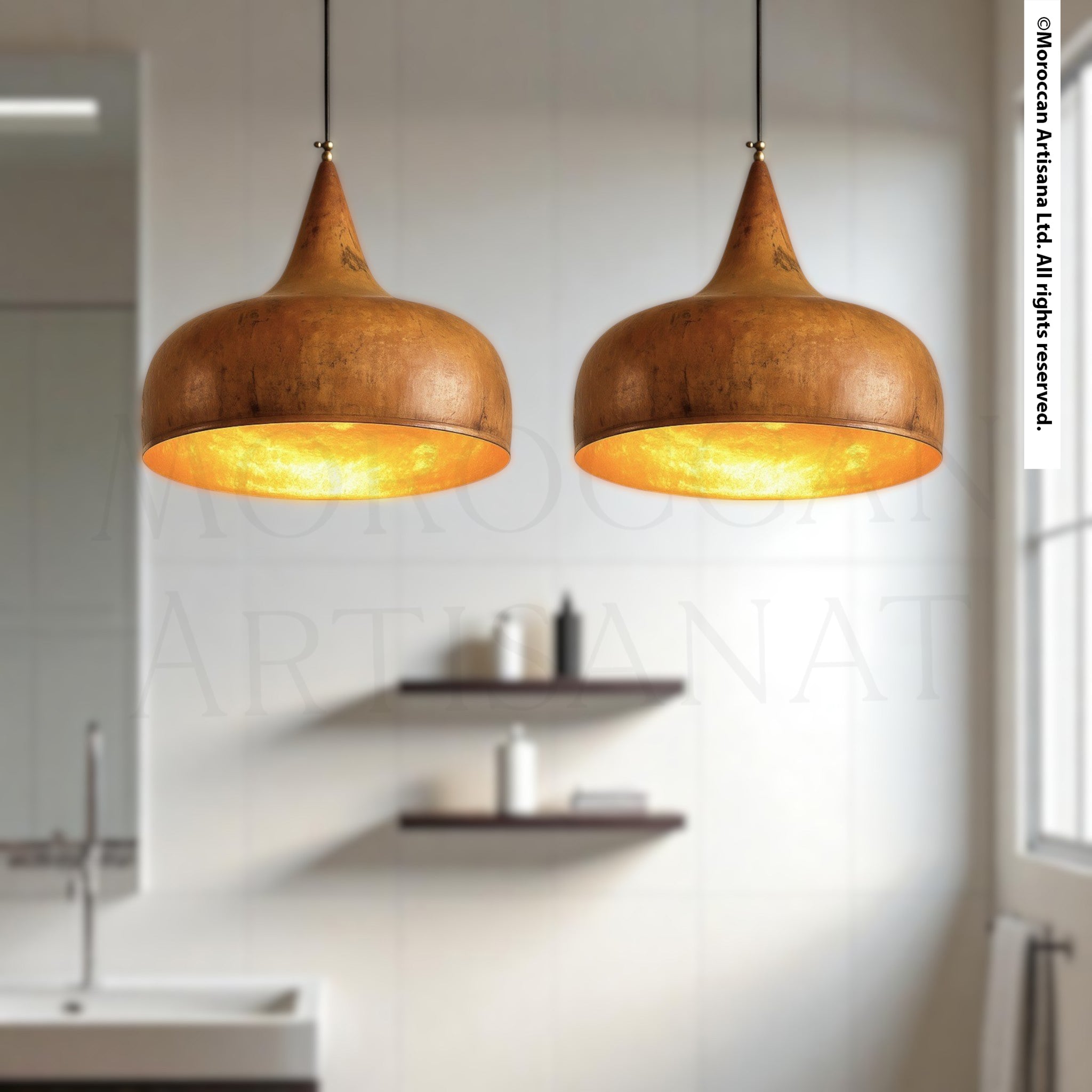 Handcrafted rustic brass pendant light with warm patina finish and tapered dome design, Moroccan artisan lighting hanging from ceiling