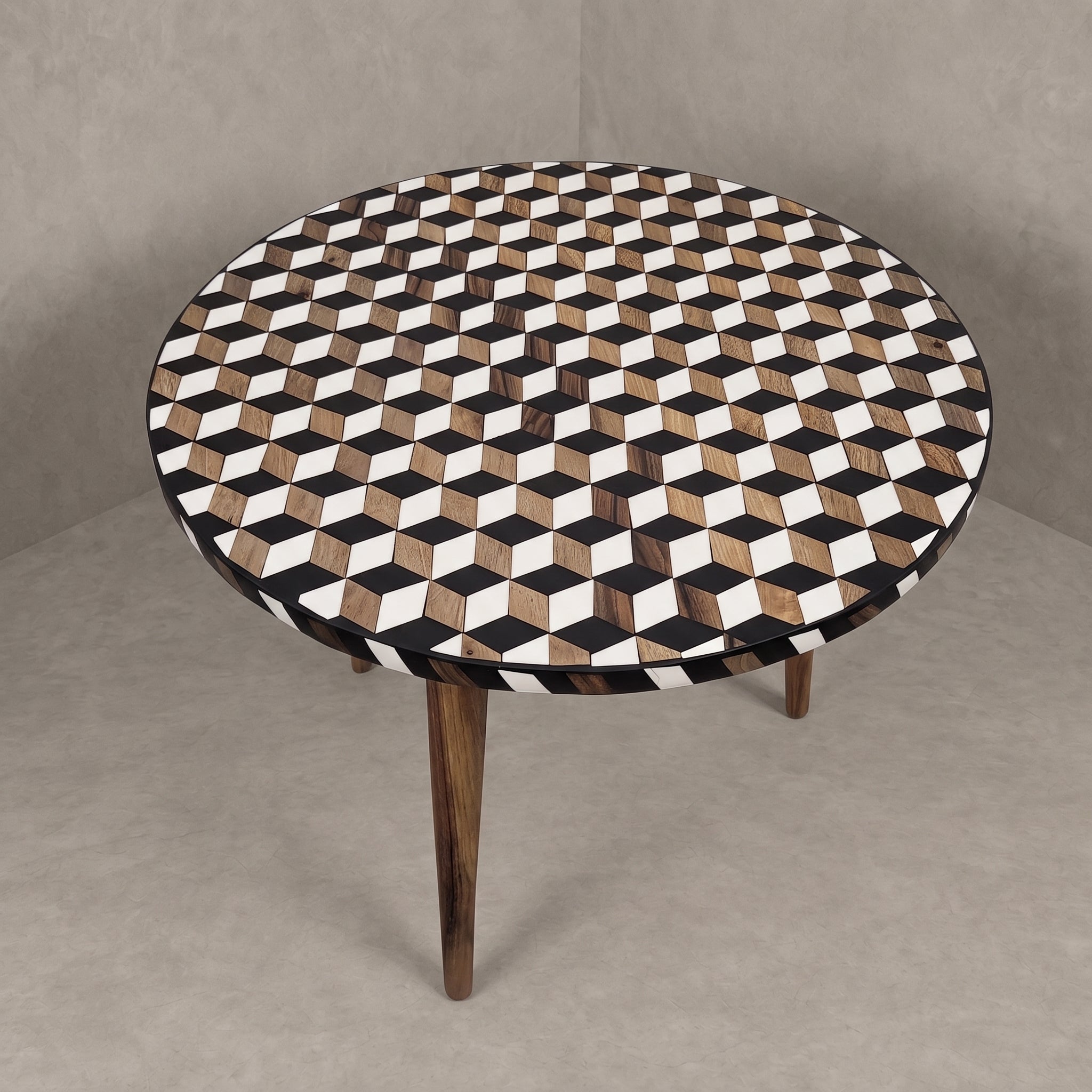 Handcrafted Moroccan Walnut 3D Cube Resin Table   