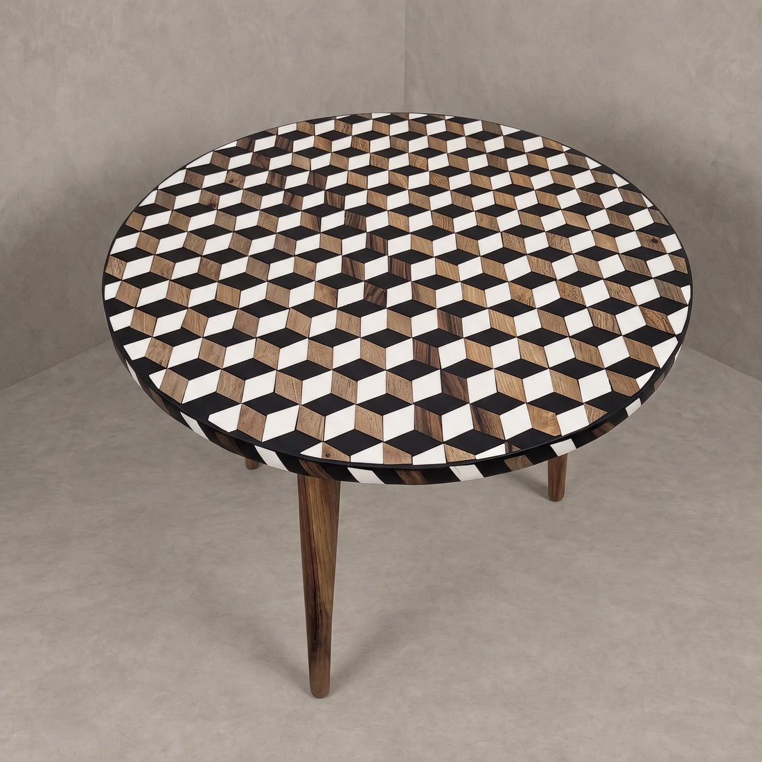 Handcrafted Moroccan Walnut 3D Cube Resin Table   