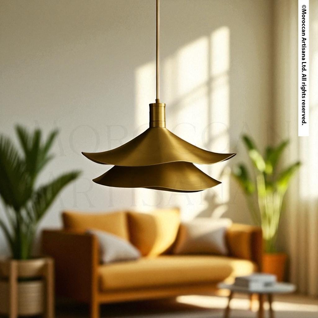 a modern living room with a gold pendant light hanging from the ceiling, casting a warm glow over the space. The room is furnished with a yellow sofa and a wooden coffee table, creating a cozy and inviting atmosphere.