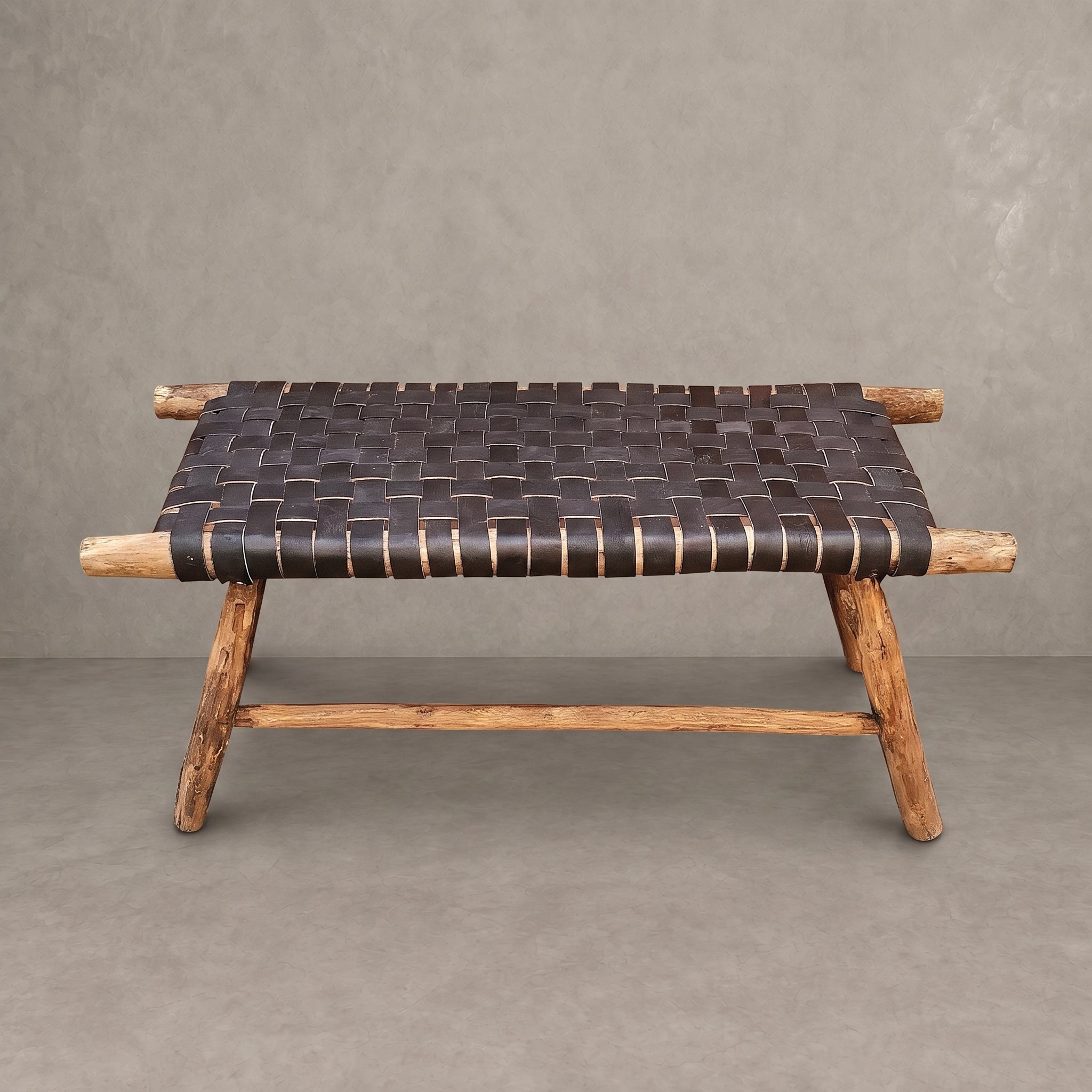Handcrafted Moroccan Black Leather Bench   