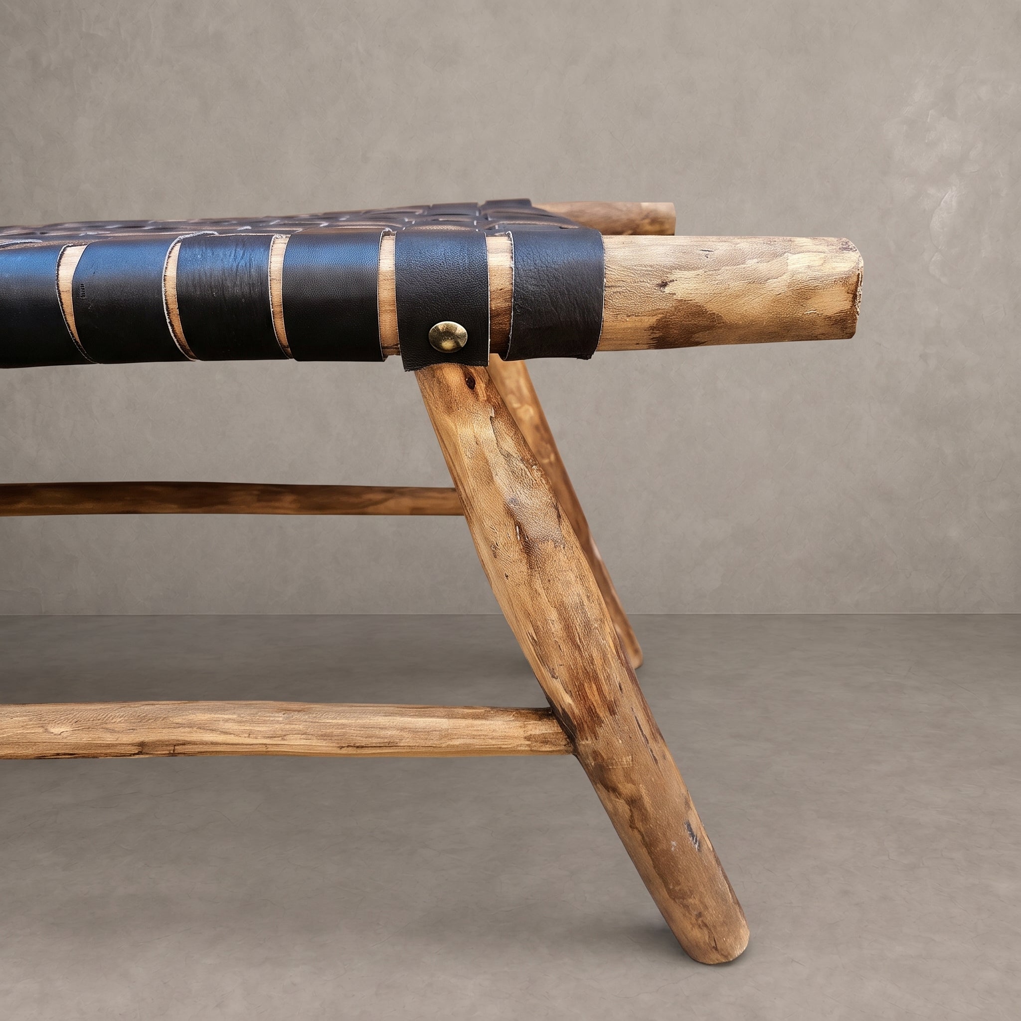 Handcrafted Moroccan Black Leather Bench   
