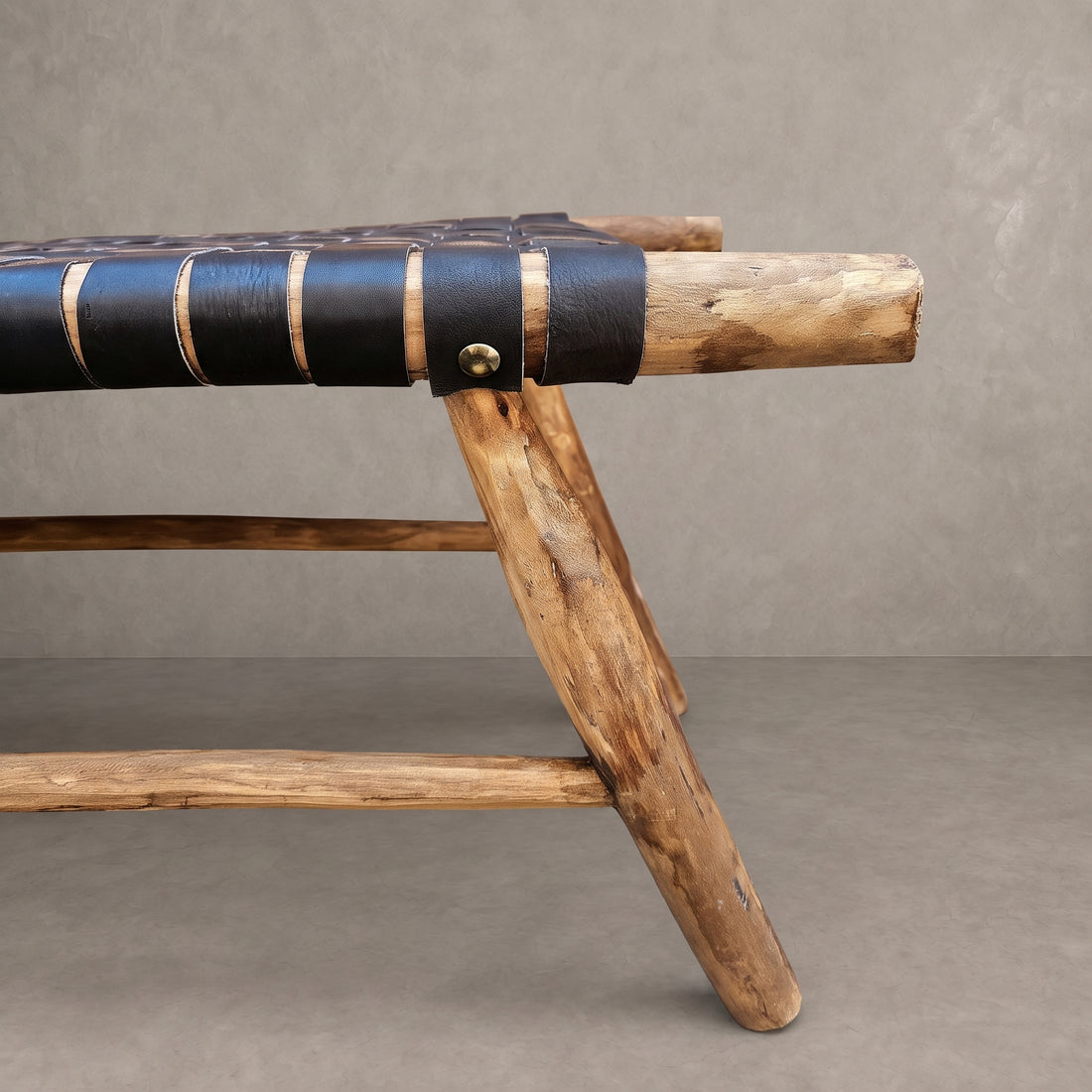 Handcrafted Moroccan Black Leather Bench   