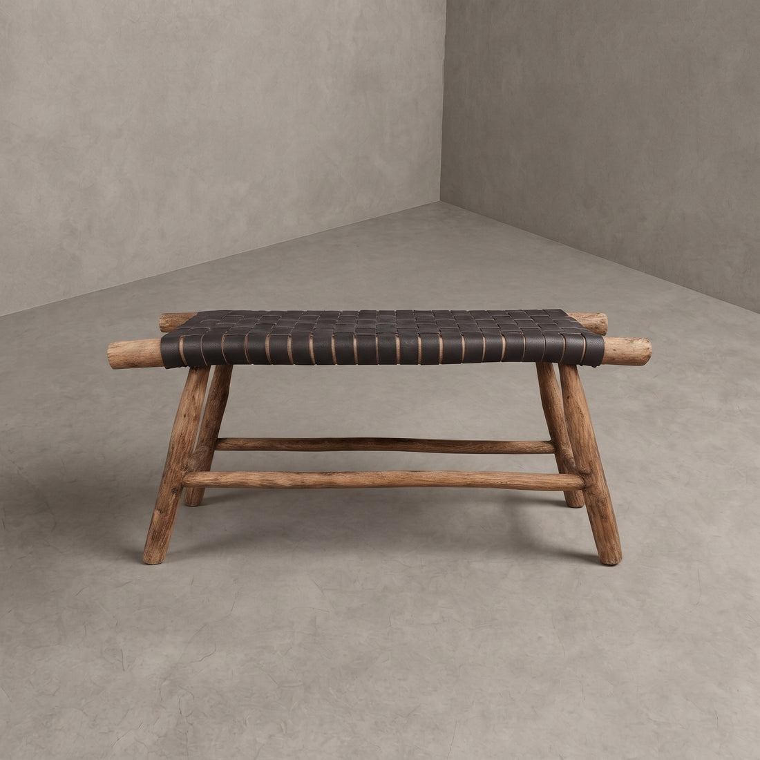 Handcrafted Moroccan Woven Black Leather Bench   