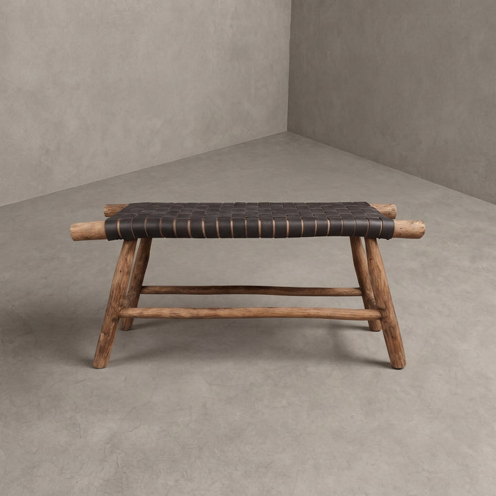 Handcrafted Moroccan Woven Black Leather Bench   