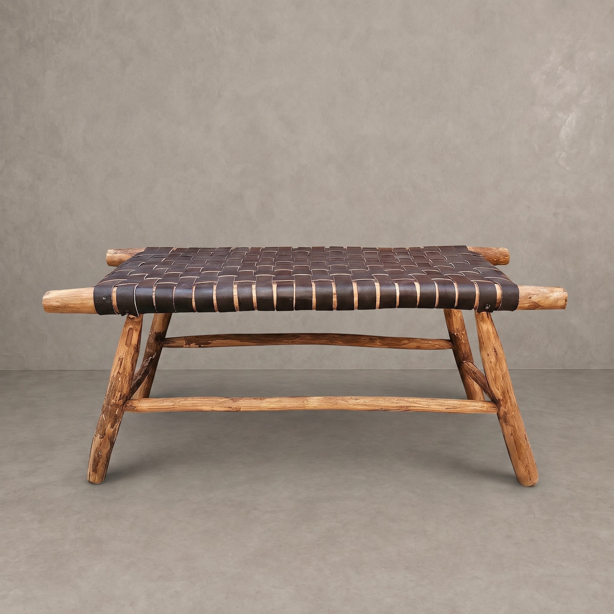 Moroccan Woven Black Leather Bench   