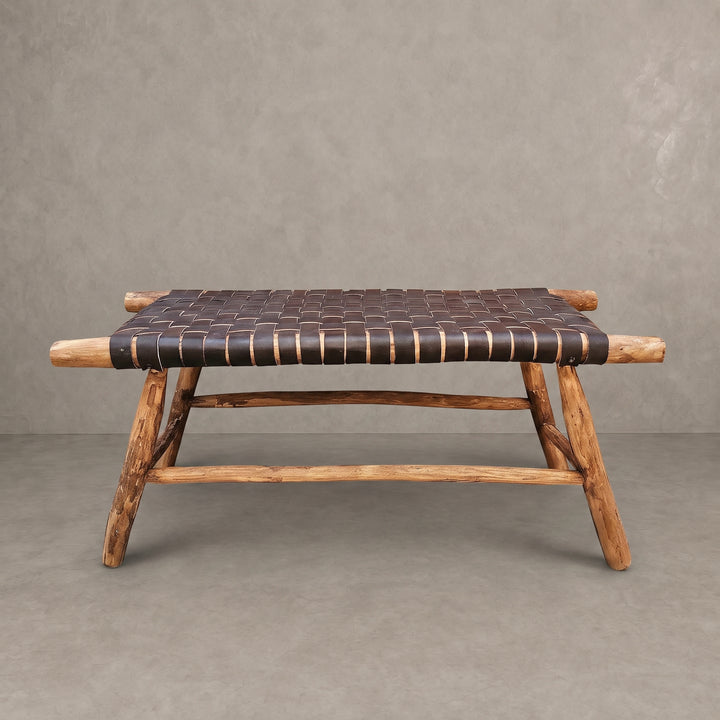 Moroccan Woven Black Leather Bench   
