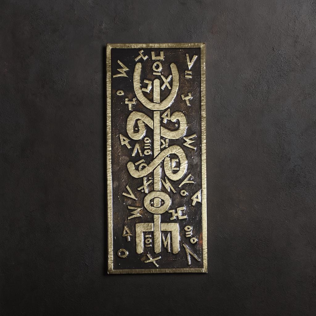 a rectangular metal plaque with an intricate design and various symbols and characters on it.