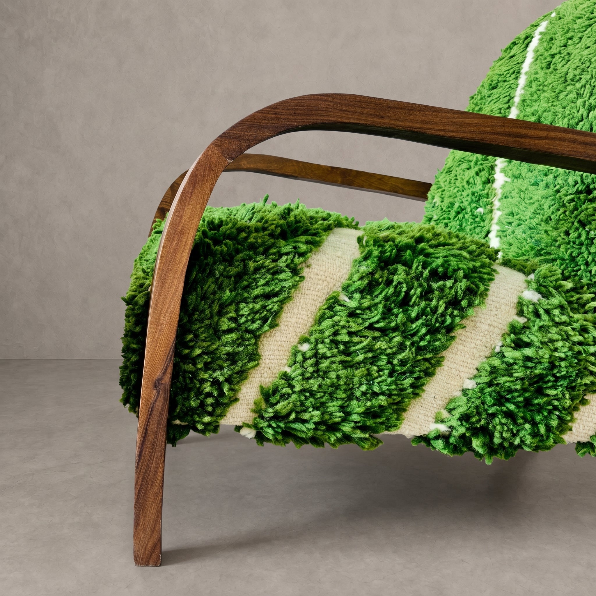 Handmade Moroccan Wooden Armchair with Green Wool Rug 