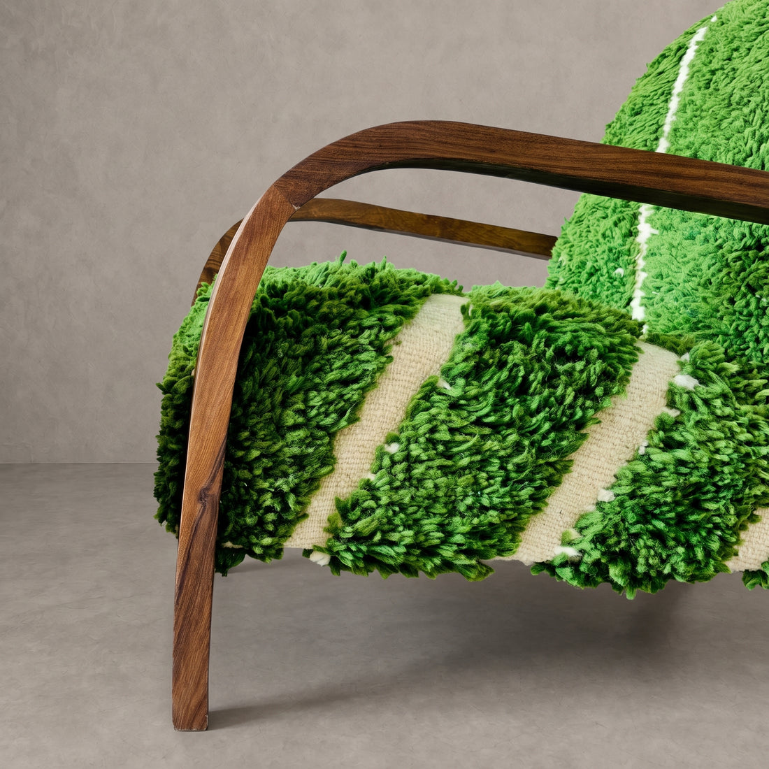 Handmade Moroccan Wooden Armchair with Green Wool Rug 