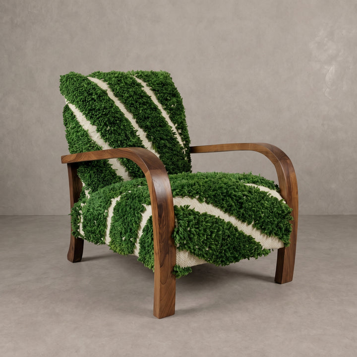 Handmade Moroccan Wooden Armchair Green Wool Rug 