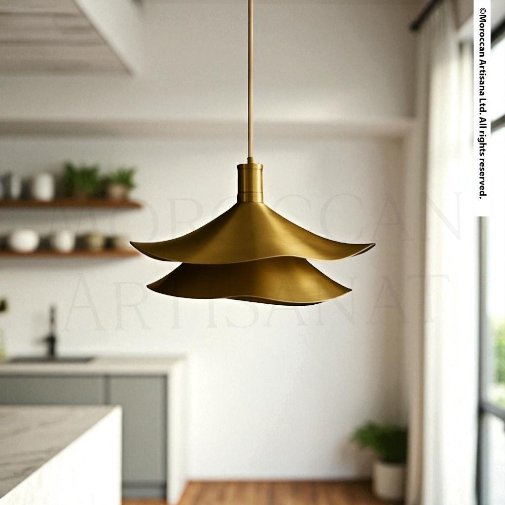 A modern kitchen with a gold pendant light hanging from the ceiling.