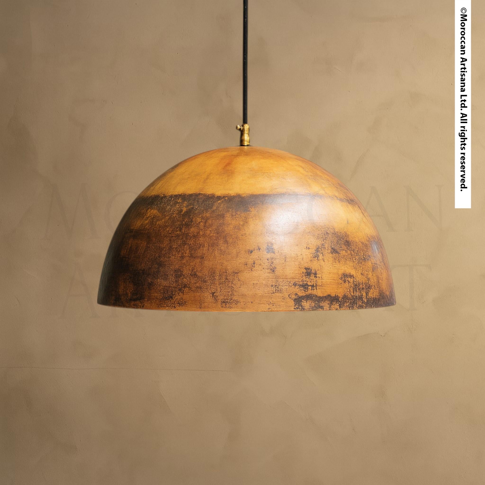 A rustic, wooden pendant lamp with a warm, earthy tone hangs from the ceiling against a neutral background.