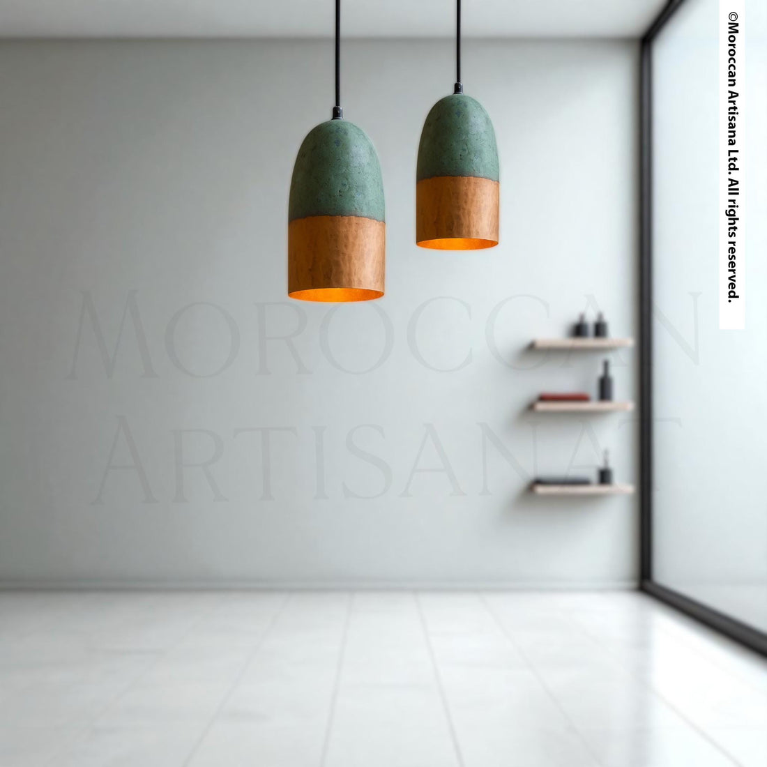 two pendant lights hanging from the ceiling in a minimalist room with white walls and a tiled floor.